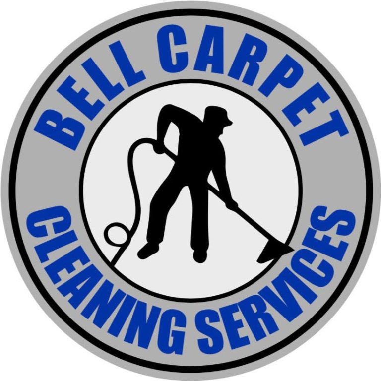 Bell Carpet cleaning logo. A circle with a silhouette of someone cleaning a carpet with a cleaning wand. the words "bell carpet cleaning services" surround him in a circle.