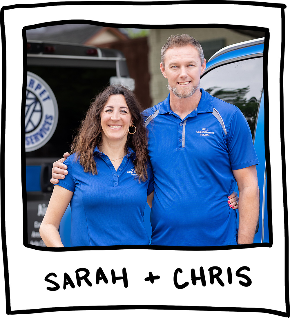 Sarah and Chris Bell in a polaroid frame with their names written beneath them.